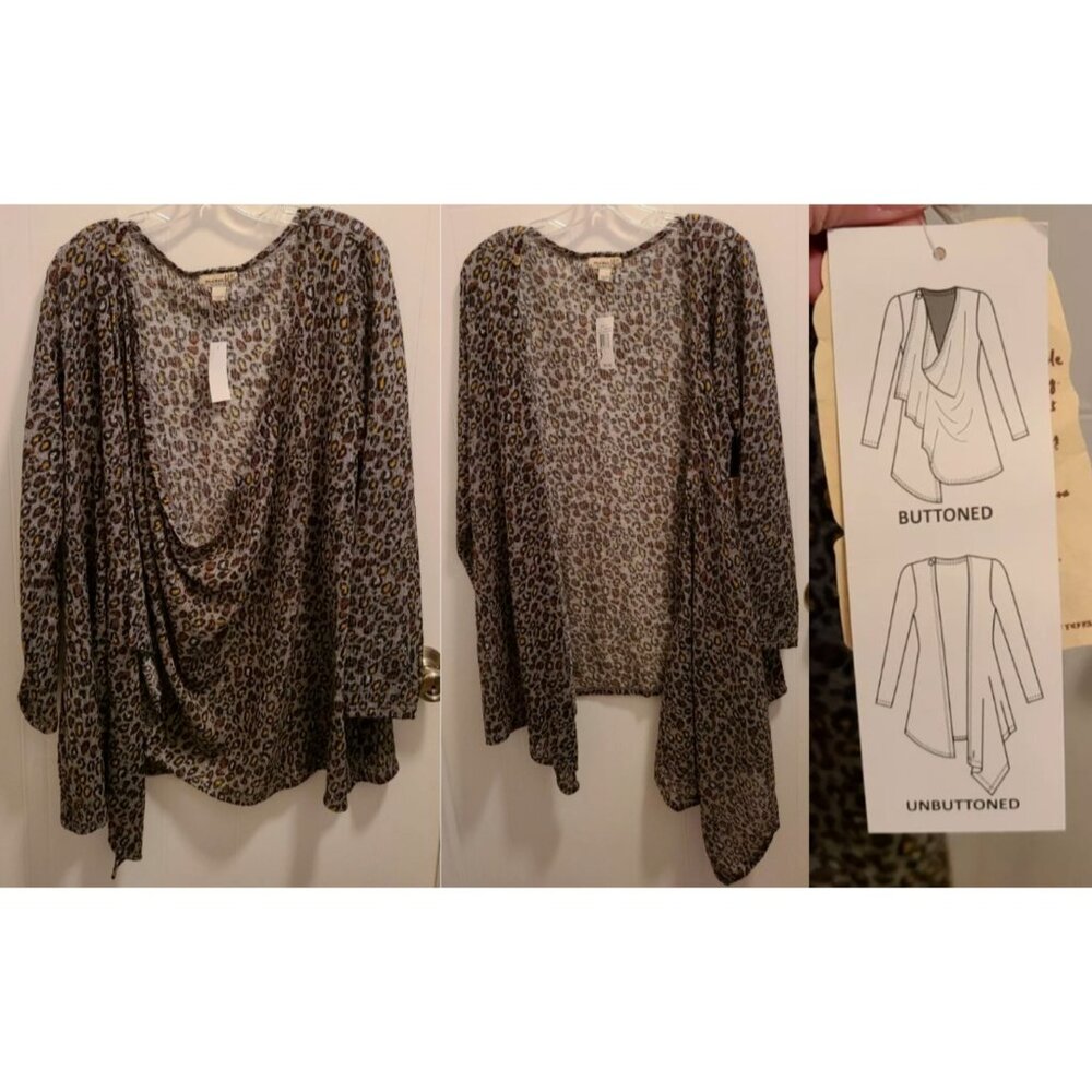 NEW One World Women's Lightweight 2-Way Cardigan Sweater Animal Print Plus Sz 2X